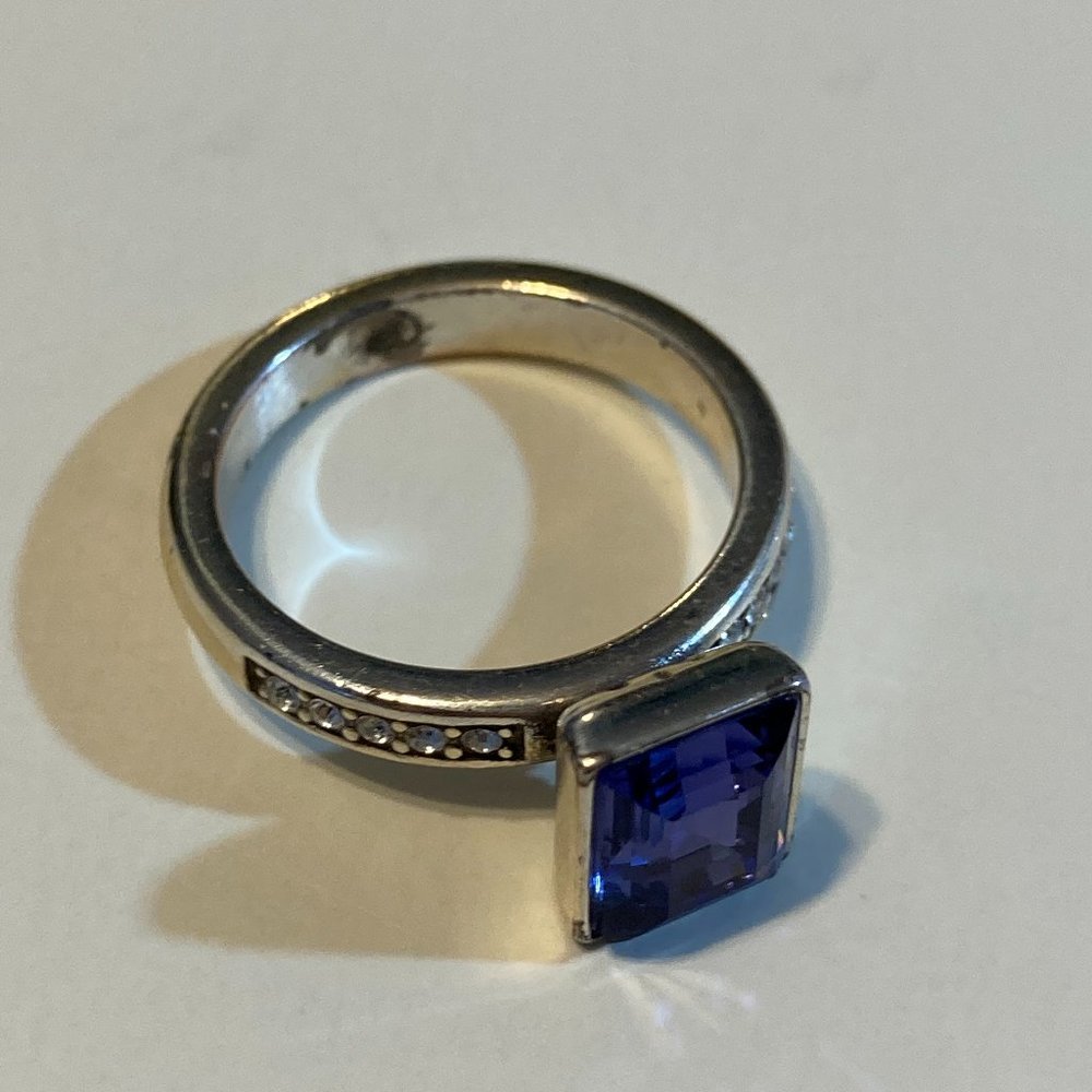 Blue CZ stone with rhinestones on sterling silver cathedral setting